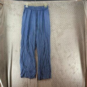 Womans Medium Pants Blue Chambray Baggy Straight Leg Flowy Pull On Boho Relaxed